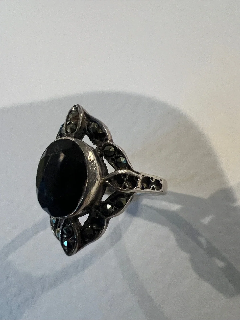 Sterling Silver Faceted Black Stone Marcasite Vintage Women's Ring